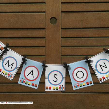 Modern Train Birthday Party Name Banner Boy Girl Red Yellow Green Blue Black Choo Choo Railroad Crossing Boogie Bear Invitations Mason Theme
