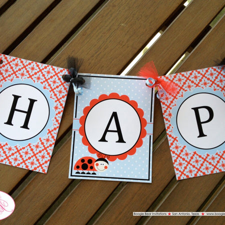 Ladybug Happy Birthday Party Banner Red Black Blue White Polka Dot Lady Bug Girl Blue Picnic Garden Boogie Bear Invitations Sabrina Theme