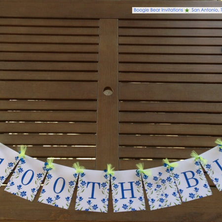 Blue Flowers Happy Birthday Party Banner Wild Wildflowers Girl Green 1st 50th 60th 70th 80th 90th 100th Boogie Bear Invitations Mia Theme
