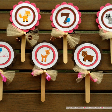 Woodland Animals Cupcake Toppers Birthday Party Fox Forest Creatures Girl Outdoors Garden Boogie Bear Invitations Heather Theme