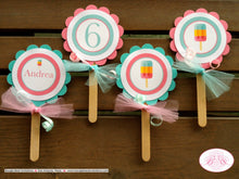 Load image into Gallery viewer, Pink Popsicle Party Cupcake Toppers Birthday Girl Ice Cream Pool Set 50s Ice Cream Dessert Bar Pastel Boogie Bear Invitations Andrea Theme