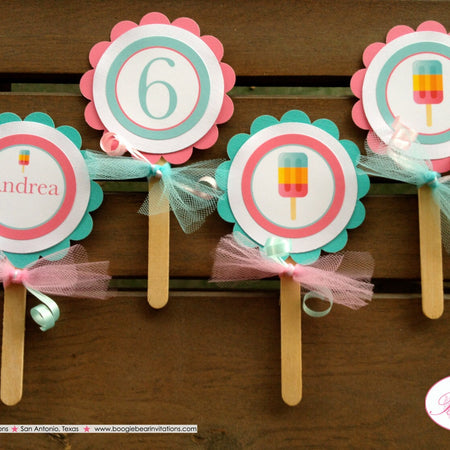 Pink Popsicle Party Cupcake Toppers Birthday Girl Ice Cream Pool Set 50s Ice Cream Dessert Bar Pastel Boogie Bear Invitations Andrea Theme
