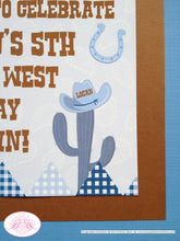Load image into Gallery viewer, Blue Cowboy Birthday Party Door Banner Western Brown Horse Wild West Boots Hat Cow Boy Ranch Horseshoe Boogie Bear Invitations Logan Theme