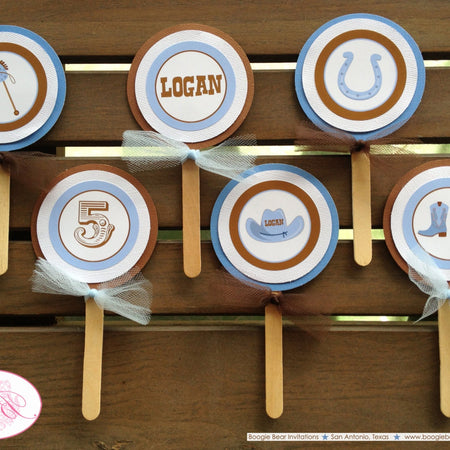Cowboy Birthday Party Cupcake Toppers Blue Hat Boots Circle Country Horse Boy Wild West Horse Farm Barn Boogie Bear Invitations Logan Theme