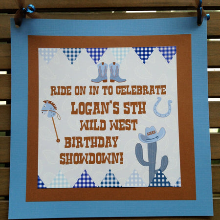 Blue Cowboy Birthday Party Door Banner Western Brown Horse Wild West Boots Hat Cow Boy Ranch Horseshoe Boogie Bear Invitations Logan Theme