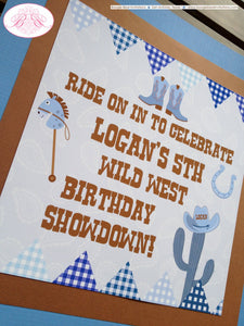 Blue Cowboy Birthday Party Door Banner Western Brown Horse Wild West Boots Hat Cow Boy Ranch Horseshoe Boogie Bear Invitations Logan Theme