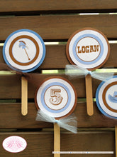Load image into Gallery viewer, Cowboy Birthday Party Cupcake Toppers Blue Hat Boots Circle Country Horse Boy Wild West Horse Farm Barn Boogie Bear Invitations Logan Theme
