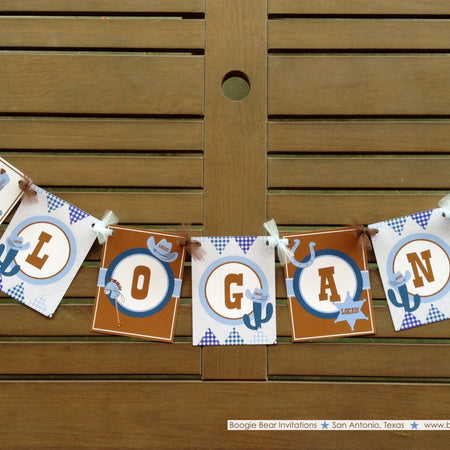 Blue Cowboy Birthday Party Name Banner Western Brown Lasso Rodeo Ranch Wild West Horse Boots Country Boy Boogie Bear Invitations Logan Theme