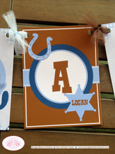 Load image into Gallery viewer, Blue Cowboy Birthday Party Name Banner Western Brown Lasso Rodeo Ranch Wild West Horse Boots Country Boy Boogie Bear Invitations Logan Theme