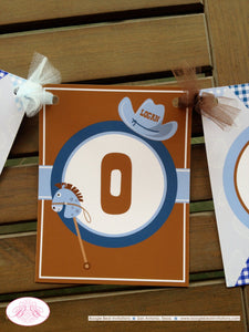 Blue Cowboy Birthday Party Name Banner Western Brown Lasso Rodeo Ranch Wild West Horse Boots Country Boy Boogie Bear Invitations Logan Theme