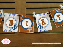 Load image into Gallery viewer, Blue Cowboy Happy Birthday Banner Party Hat Western Brown Boots Boy Wild West Cactus Farm Barn Country Boogie Bear Invitations Logan Theme