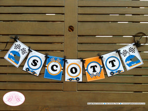 Race Car Birthday Party Name Banner Racing Stripe Helmet Orange Blue Boy Girl Racing Checkered Flag Boogie Bear Invitations Scott Theme