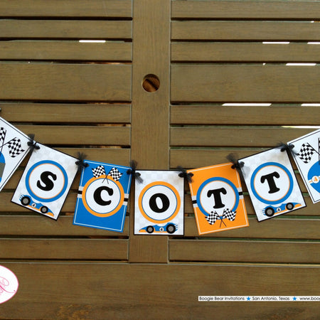 Race Car Birthday Party Name Banner Racing Stripe Helmet Orange Blue Boy Girl Racing Checkered Flag Boogie Bear Invitations Scott Theme