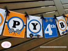 Load image into Gallery viewer, Race Car Happy Birthday Party Banner Driver Orange Black Blue Racing Race Track Pit Crew Boy Girl Helmet Boogie Bear Invitations Scott Theme