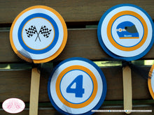 Load image into Gallery viewer, Race Car Birthday Party Cupcake Toppers Orange Blue Black Checkered Flag Fast Race Track Racing Boy Girl Boogie Bear Invitations Scott Theme