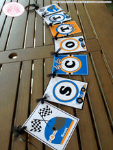 Load image into Gallery viewer, Race Car Birthday Party Name Banner Racing Stripe Helmet Orange Blue Boy Girl Racing Checkered Flag Boogie Bear Invitations Scott Theme
