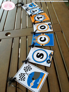 Race Car Birthday Party Name Banner Racing Stripe Helmet Orange Blue Boy Girl Racing Checkered Flag Boogie Bear Invitations Scott Theme