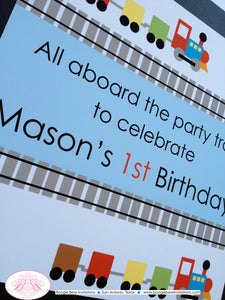 Train Birthday Party Door Banner Modern Blocks Red Green Blue Black Tracks Boy Girl Railroad Crossing Boogie Bear Invitations Mason Theme