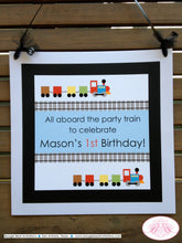 Load image into Gallery viewer, Train Birthday Party Door Banner Modern Blocks Red Green Blue Black Tracks Boy Girl Railroad Crossing Boogie Bear Invitations Mason Theme