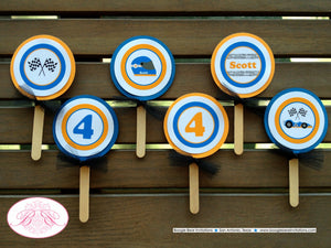 Race Car Driver Birthday Party Package Orange Blue Black Happy Door Banner Cupcake Toppers Favor Tags Boogie Bear Invitations Scott Theme