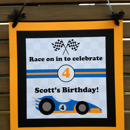 Race Car Birthday Party Door Banner Driver Racing White Orange Blue Black Checkered Flag Boy Girl Track Boogie Bear Invitations Scott Theme