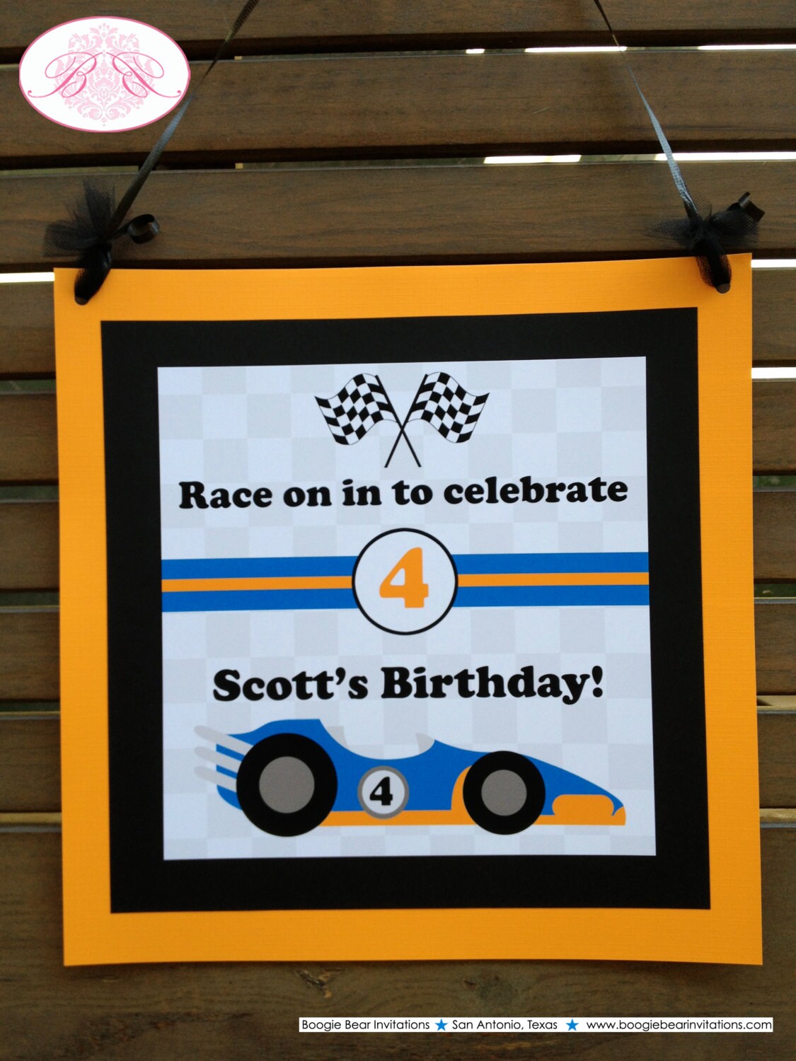 Race Car Birthday Party Door Banner Driver Racing White Orange Blue Black Checkered Flag Boy Girl Track Boogie Bear Invitations Scott Theme