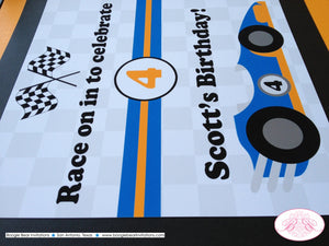 Race Car Birthday Party Door Banner Driver Racing White Orange Blue Black Checkered Flag Boy Girl Track Boogie Bear Invitations Scott Theme