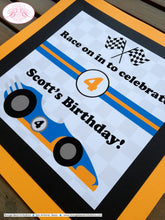 Load image into Gallery viewer, Race Car Birthday Party Door Banner Driver Racing White Orange Blue Black Checkered Flag Boy Girl Track Boogie Bear Invitations Scott Theme