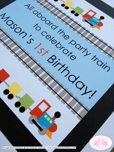 Train Birthday Party Door Banner Modern Blocks Red Green Blue Black Tracks Boy Girl Railroad Crossing Boogie Bear Invitations Mason Theme