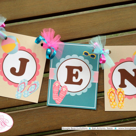 Flip Flop Pool Birthday Party Banner Small Name Age Beach Luau Girl Swimming Swim Splash Boogie Bear Invitations Jenna Theme