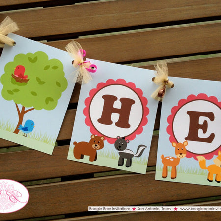 Woodland Animals Birthday Party Banner Creatures Forest Spring Girl 1st 2nd 3rd 4th 5th 6th 7th 8th Boogie Bear Invitations Heather Theme