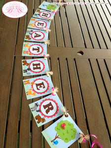 Woodland Animals Birthday Party Banner Creatures Forest Spring Girl 1st 2nd 3rd 4th 5th 6th 7th 8th Boogie Bear Invitations Heather Theme