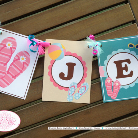 Flip Flop Pool Birthday Party Banner Beach Ball Island Girl Pink Swimming Swim Splash Summer Retro Luau Boogie Bear Invitations Jenna Theme