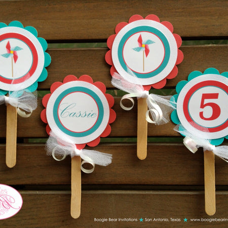 Pink Pinwheel Birthday Party Cupcake Toppers Girl Teal Aqua Blue Red Outdoor Picnic Garden Breezy Wind Boogie Bear Invitations Cassie Theme