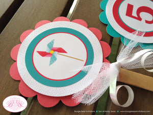 Pink Pinwheel Birthday Party Cupcake Toppers Girl Teal Aqua Blue Red Outdoor Picnic Garden Breezy Wind Boogie Bear Invitations Cassie Theme