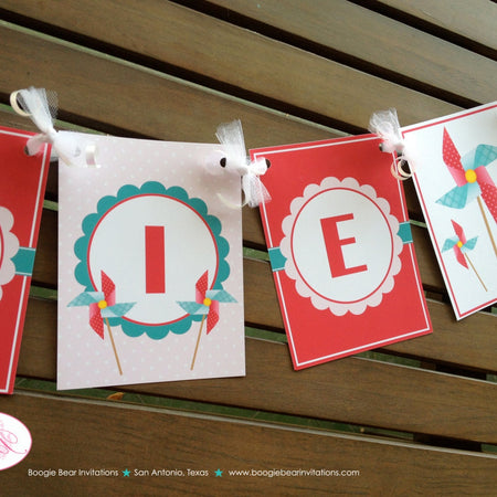 Pinwheel Birthday Party Name Banner Summer Garden Pink Teal Spring Summer Picnic Retro Polka Dot Girl Boogie Bear Invitations Cassie Theme