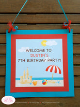 Load image into Gallery viewer, Retro Beach Birthday Party Door Banner Sandcastle Happy Swimming Boy Girl Ocean Swim Island Splash Ball Boogie Bear Invitations Dustin Theme