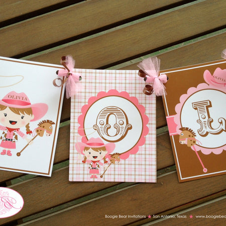 Pink Cowgirl Birthday Party Name Banner Western Horse Pony Girl Boots Sherrif Country Farm Wild West Boogie Bear Invitations Olivia Theme