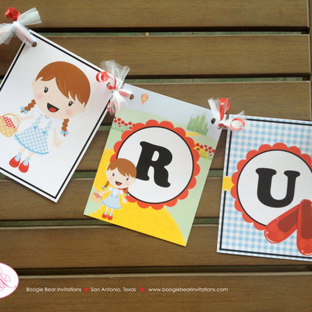 Wizard of Oz Birthday Party Name Banner Red Shoes Dorothy Toto Girl Gingham Dorothy Yellow Brick Road Boogie Bear Invitations Ruby Theme