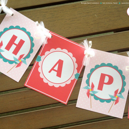 Pinwheel Summer Fun Happy Birthday Party Banner Pink Teal Aqua Turquoise Blue Polka Dot Girl Vintage Boogie Bear Invitations Cassie Theme
