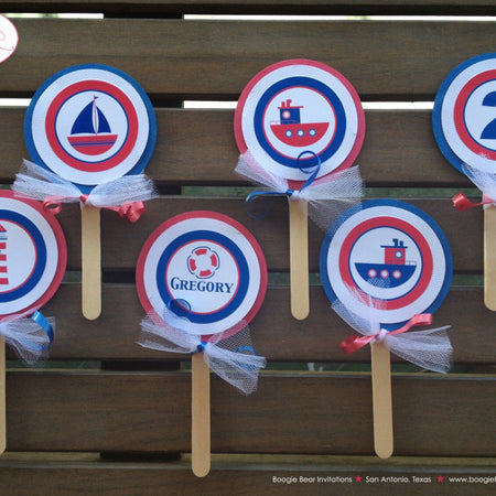 Sail Tug Boat Party Cupcake Toppers Birthday Ship Boy Girl Sailing Red Blue Barge Ship Captain Boogie Bear Invitations Gregory Theme Printed