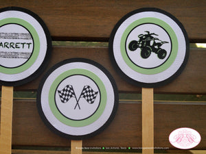 ATV Off Road Racing Cupcake Toppers Set Party Boy Girl Green Black All Terrain Vehicle 4 Wheeler Quad Boogie Bear Invitations Garrett Theme