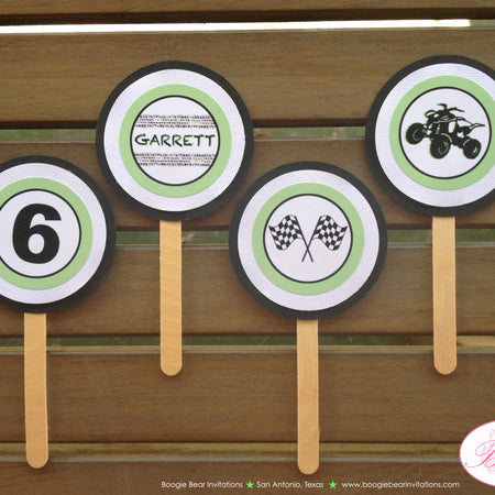 ATV Off Road Racing Cupcake Toppers Set Party Boy Girl Green Black All Terrain Vehicle 4 Wheeler Quad Boogie Bear Invitations Garrett Theme