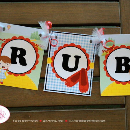 Wizard of Oz Birthday Party Banner Girl Dorothy Red Blue Small Flowers Yellow Brick Road Red Shoes Toto Boogie Bear Invitation Ruby Theme