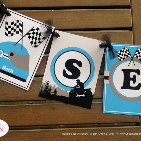 Blue ATV Birthday Party Name Banner Quad All Terrain Vehicle 4 Wheeler Boy Girl Racing Race Sports Track Boogie Bear Invitations Seth Theme