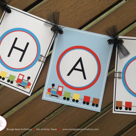 Train Happy 1st Birthday Party Banner Boy Girl Red Yellow Green Blue Black Railroad Boogie Bear Invitations Decoration Ribbon Mason Theme