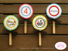 Load image into Gallery viewer, Train Birthday Cupcake Topper Set Party Choo Choo Toddler Red Blue Green Yellow Girl Boy Railroad Travel Boogie Bear Invitations Mason Theme