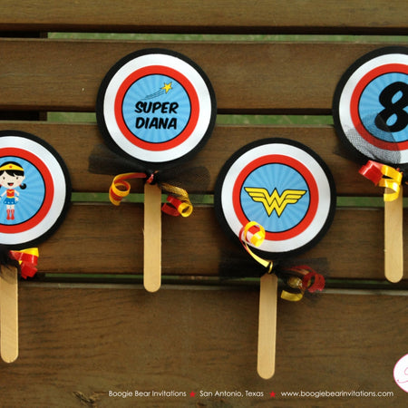 Super Girl Party Cupcake Toppers Birthday Set Superhero Comic Red Yellow Blue Wham Supergirl Hero Woman Boogie Bear Invitations Diana Theme