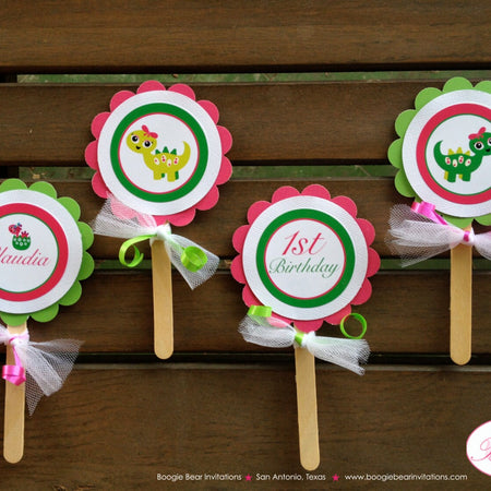 Pink Baby Dinosaur Cupcake Toppers Set 1st Birthday Lime Green Flower Little Ribbon Bow Jurassic Boogie Bear Invitations Claudia Theme