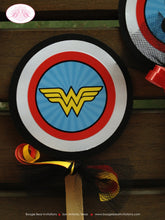 Load image into Gallery viewer, Super Girl Party Cupcake Toppers Birthday Set Superhero Comic Red Yellow Blue Wham Supergirl Hero Woman Boogie Bear Invitations Diana Theme